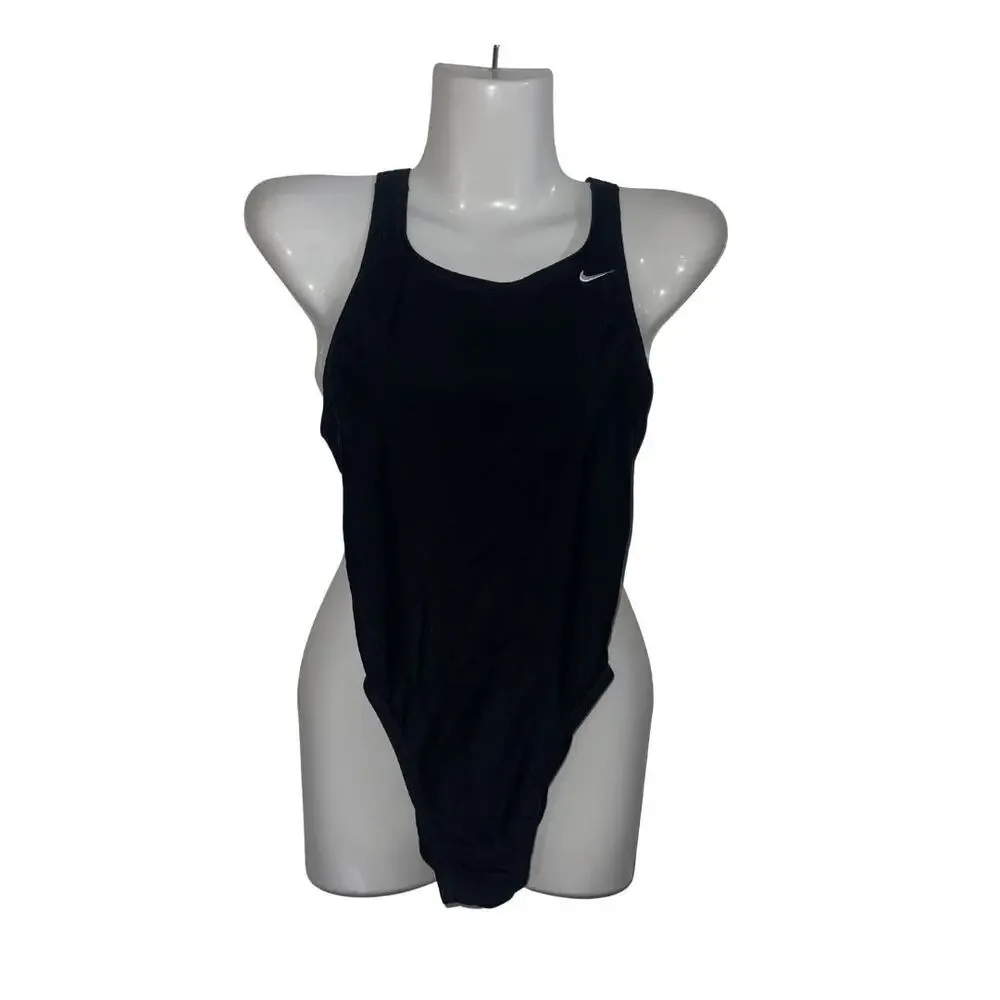 Nike Swoosh Logo Black One Piece Swimsuit Size 6 Athletic Fitness Swimming